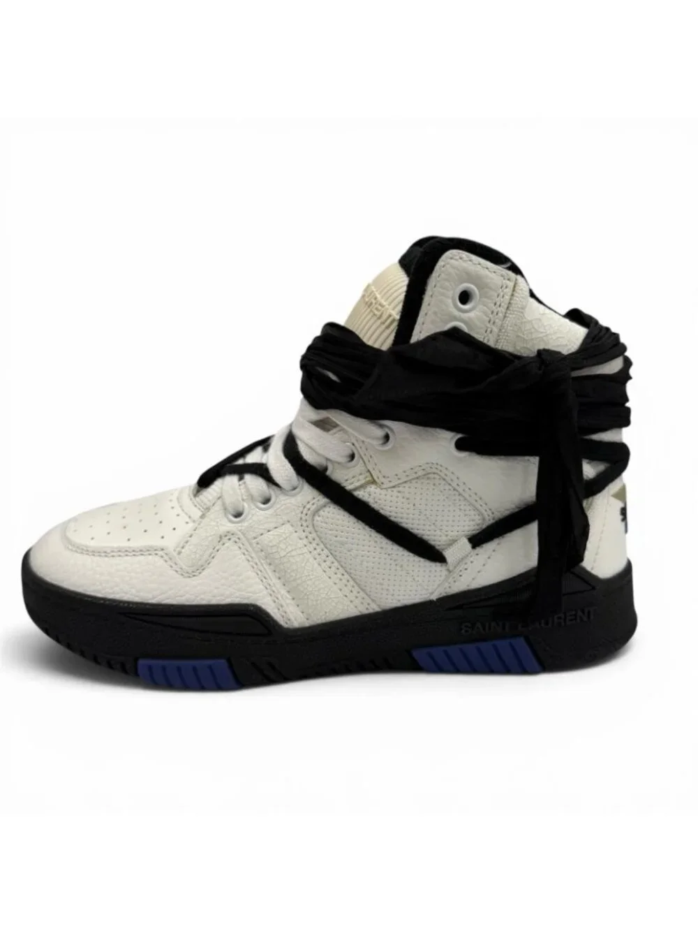 Saint Laurent Smith Logo Embroidered Lace Up Leather High Cut Sneakers White
